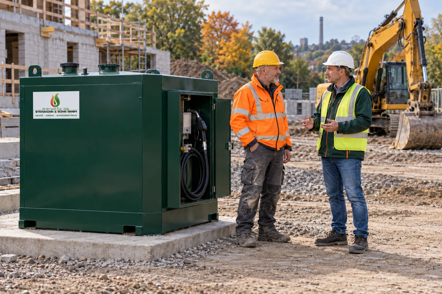 Dieseltankanlage auf einer Baustelle, Gespräch mit dem Polier