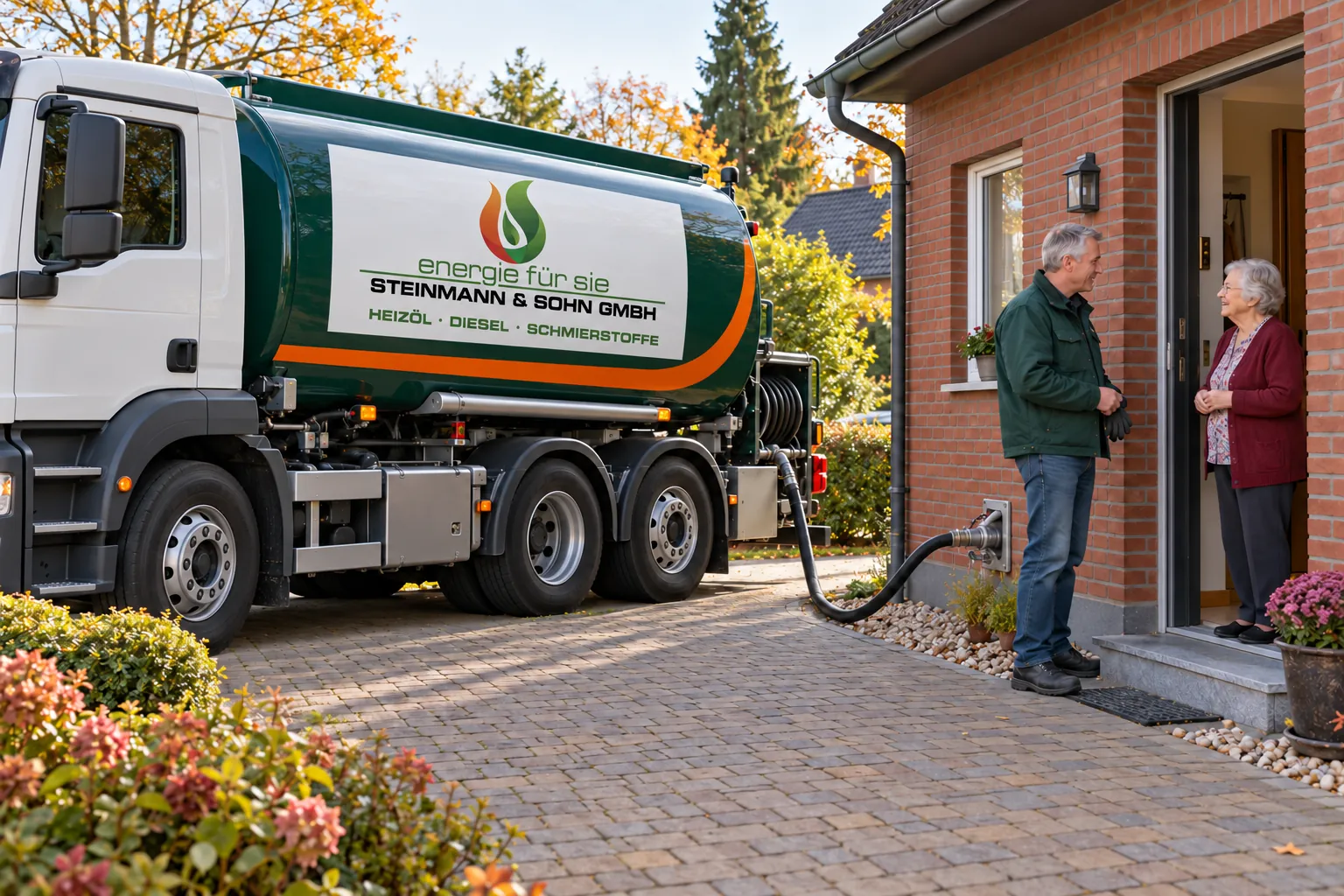 Tankwagen bei einer Heizöllieferung an ein Wohnhaus in Essen