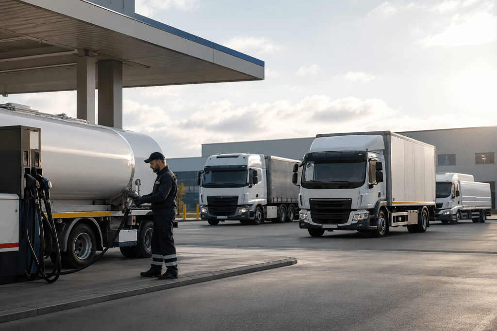 Nutzfahrzeuge auf einem Betriebshof bei der Dieselversorgung für Gewerbekunden