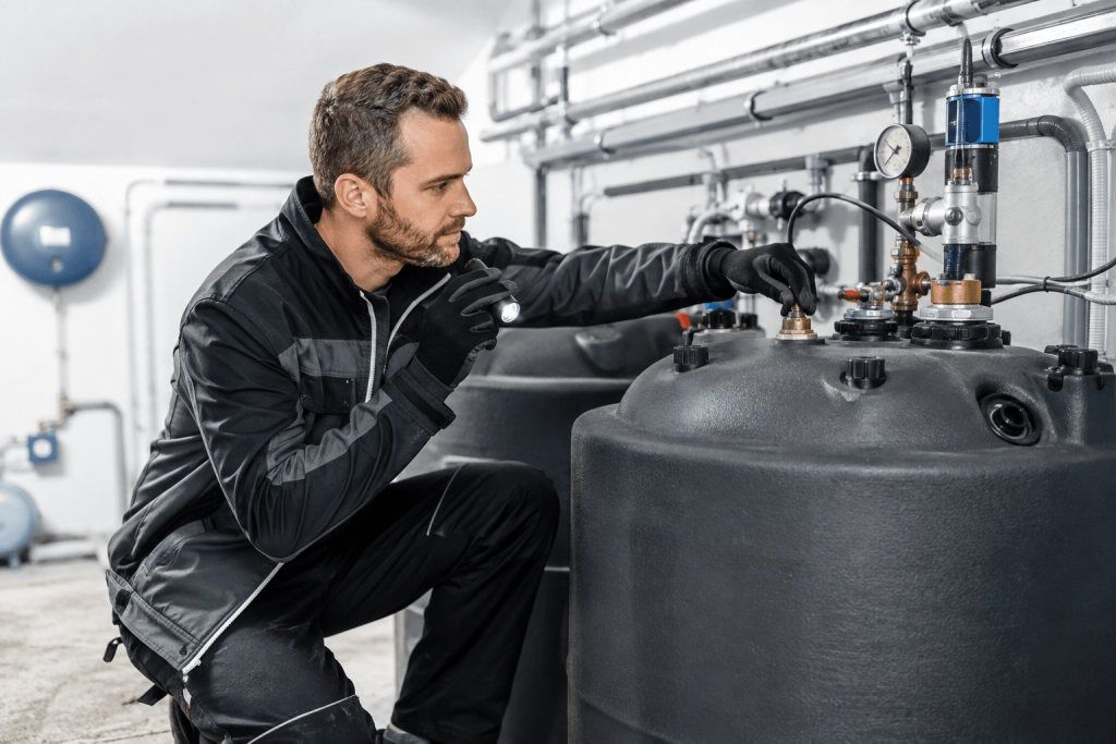 Servicetechniker bei der Kontrolle und Wartung einer Tankanlage