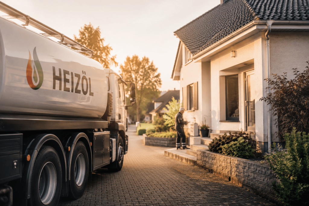 Heizöl-Tankwagen bei der Lieferung an ein Wohnhaus in Mülheim an der Ruhr